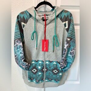 American Bling Western Aztec Gray & Teal Zip Hoodie - NWT